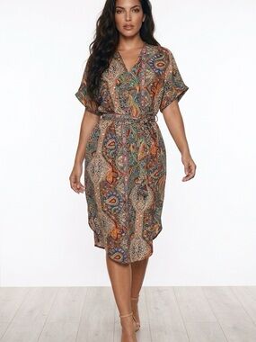 NWOT  Multicolor Paisley Midi Dress with Tie Belt size XL